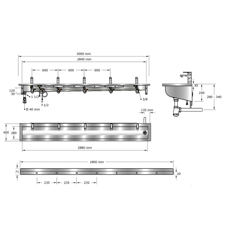 washbasin | stainless steel | Incl. taps | 6 sizes