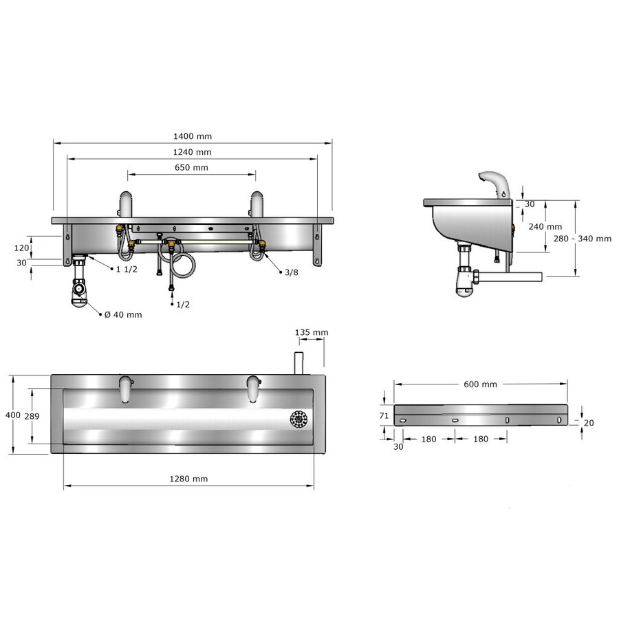 washbasin | stainless steel | incl. infrared taps | 6 sizes