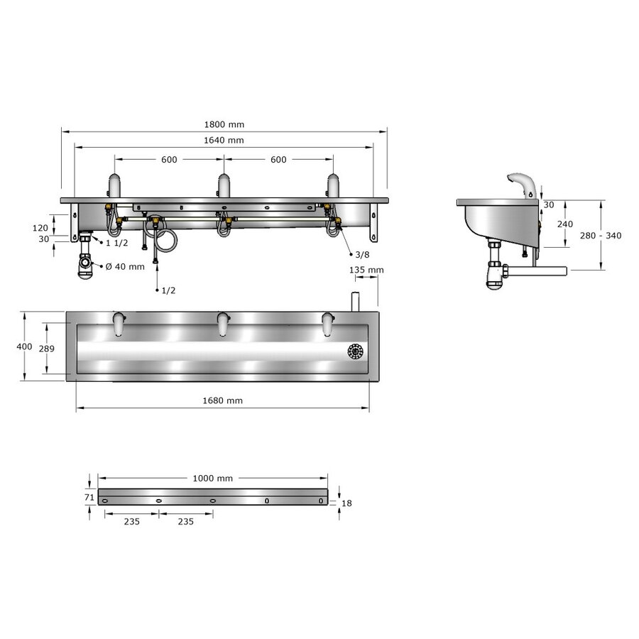 washbasin | stainless steel | incl. infrared taps | 6 sizes