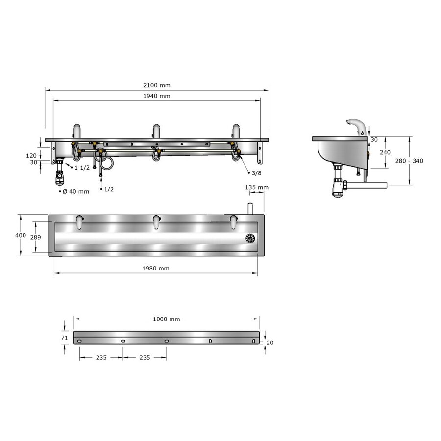washbasin | stainless steel | incl. infrared taps | 6 sizes