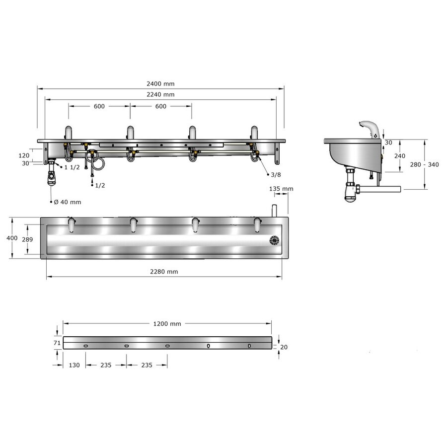 washbasin | stainless steel | incl. infrared taps | 6 sizes
