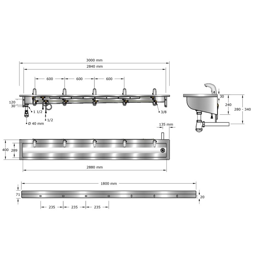 bac à linge | acier inoxydable | Incl. robinets infrarouges | 6 tailles