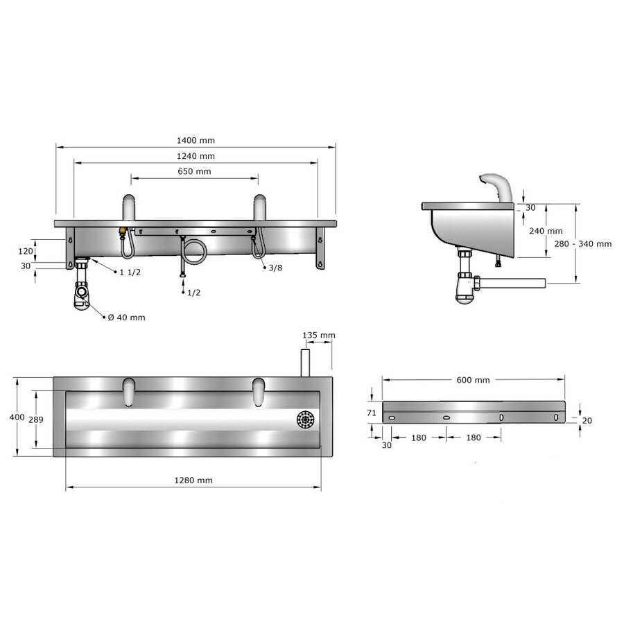 washbasin | stainless steel | incl. infrared taps | 6 sizes