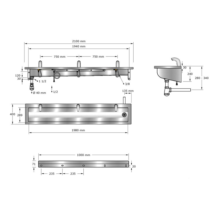 washbasin | stainless steel | incl. infrared taps | 6 sizes