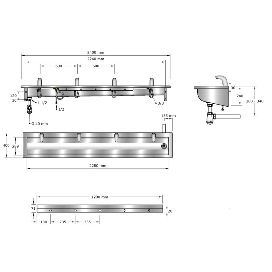 washbasin | stainless steel | incl. infrared taps | 6 sizes