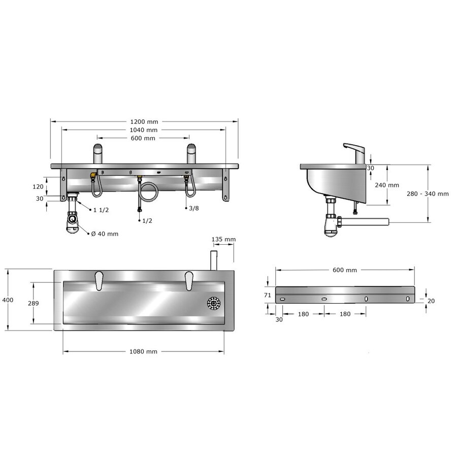 Washing trough | Stainless steel | Incl. infrared taps | 6 formats