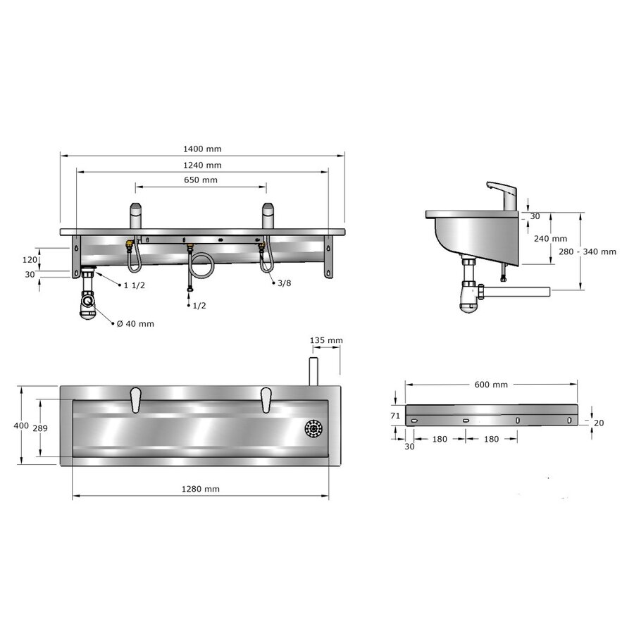 Washing trough | Stainless steel | Incl. infrared taps | 6 formats