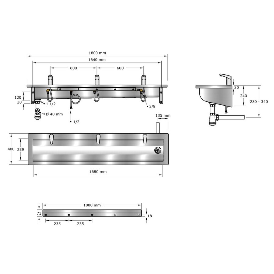 Washing trough | Stainless steel | Incl. infrared taps | 6 formats