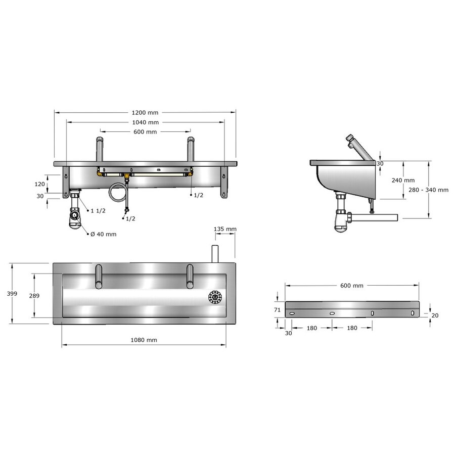 Lavoir | acier inoxydable | 1200 x 400 x 240 mm | 6 tailles
