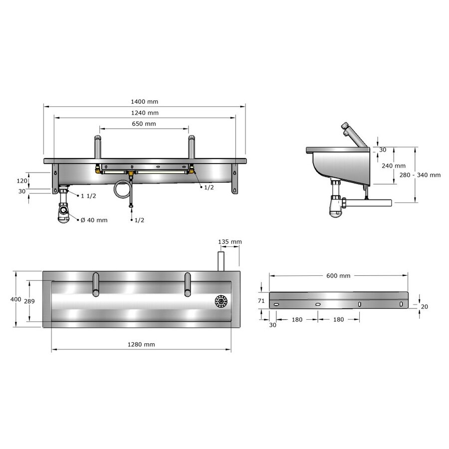 Lavoir | acier inoxydable | 1200 x 400 x 240 mm | 6 tailles