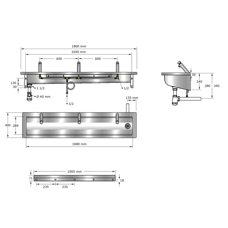 Lavoir | acier inoxydable | 1200 x 400 x 240 mm | 6 tailles