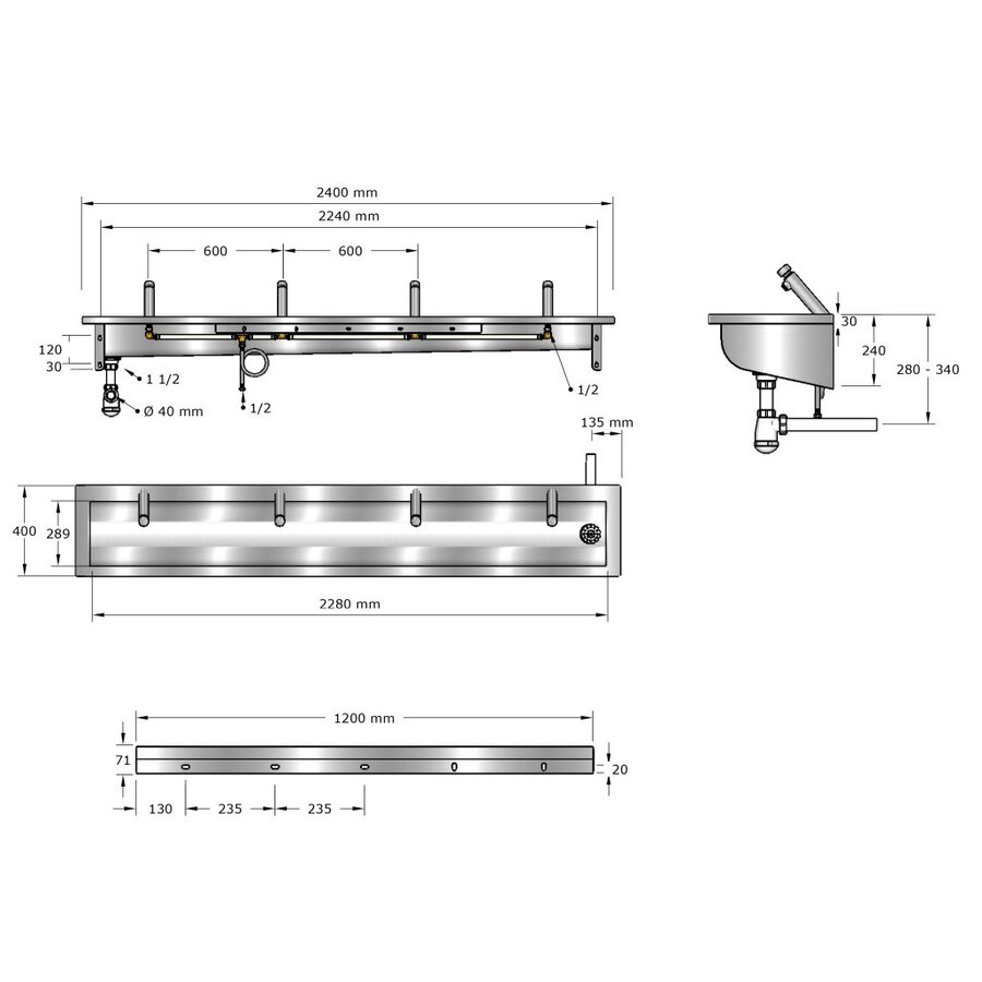 Lavoir | acier inoxydable | 1200 x 400 x 240 mm | 6 tailles
