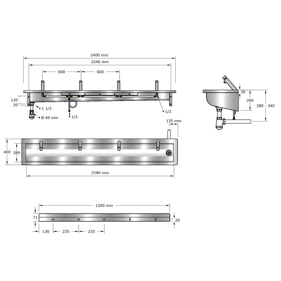 Wastrog | RVS | 1200 x 400 x 240 mm | 6 formaten