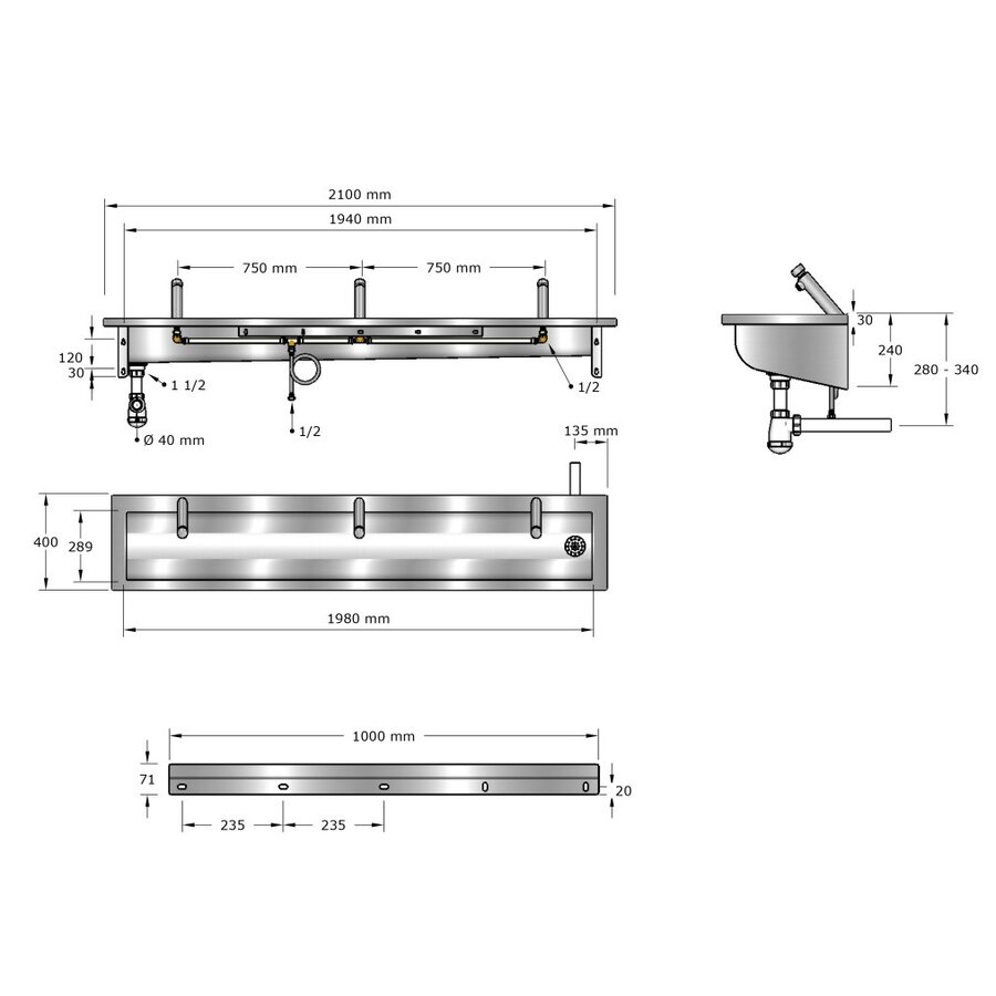 Lavoir | acier inoxydable | 1200 x 400 x 240 mm | 6 tailles