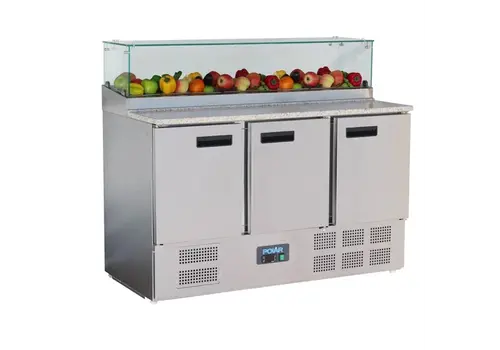  HorecaTraders Polar G-series 3-door refrigerated workbench with surface-mounted display case | 436L | Stainless steel 