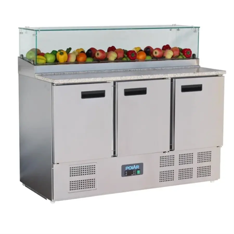 Polar G-series 3-door refrigerated workbench with surface-mounted display case | 436L | Stainless steel