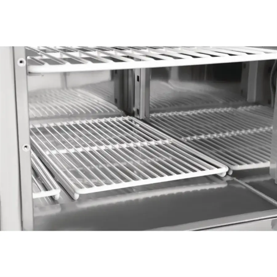 Polar G-series 3-door refrigerated workbench with surface-mounted display case | 436L | Stainless steel