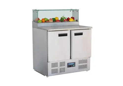  HorecaTraders Polar G-series 2-door refrigerated workbench with top-mounted refrigerated display case | 256L | 118 x 90.3 x 70cm 