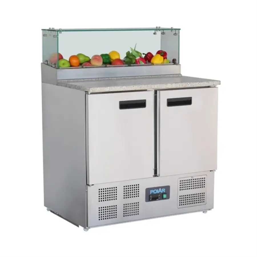 Polar G-series 2-door refrigerated workbench with top-mounted refrigerated display case | 256L | 118 x 90.3 x 70cm