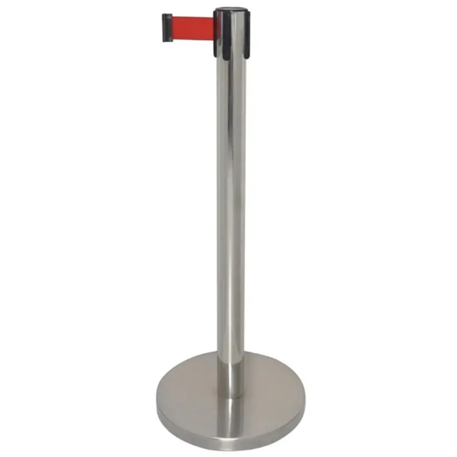 Absperrpfosten mit rotem Band | 96,5 x 34,5 (Ø) cm | Edelstahl