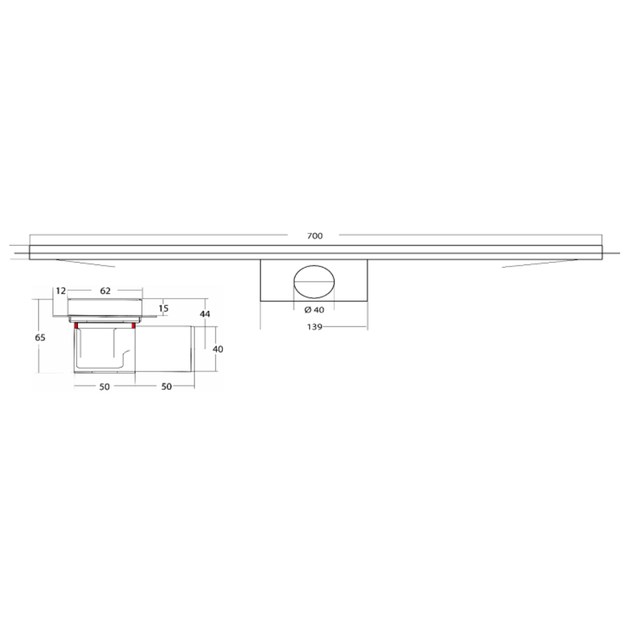 Caniveau de douche en laiton | acier inoxydable | ABS | 700 x 62 x 65 mm