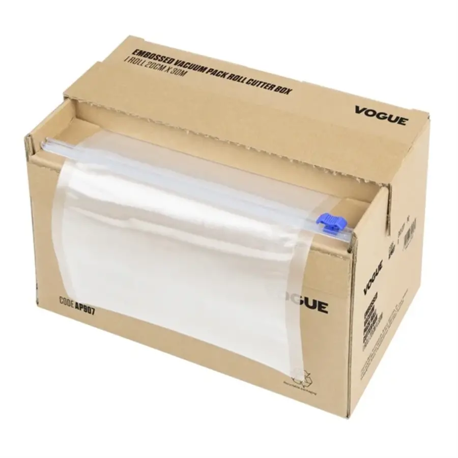 Rouleau d'emballage sous vide Vogue avec boîte de découpe (en relief) 200 mm de large | 18(h) x 27,1(l) x 16,4(p)cm