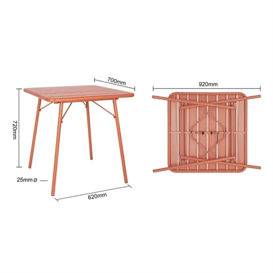 Table carrée à lattes en acier Terracotta | 71(H)x70(L)x70(P)cm.