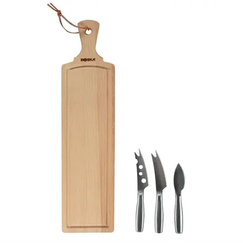  HorecaTraders Amigo 4-piece set of cheese knives and serving board | Stainless steel & wood | 