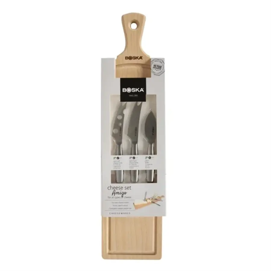 Amigo 4-teiliges Käsemesser- und Servierbrett-Set | Edelstahl & Holz | 44(l)cm