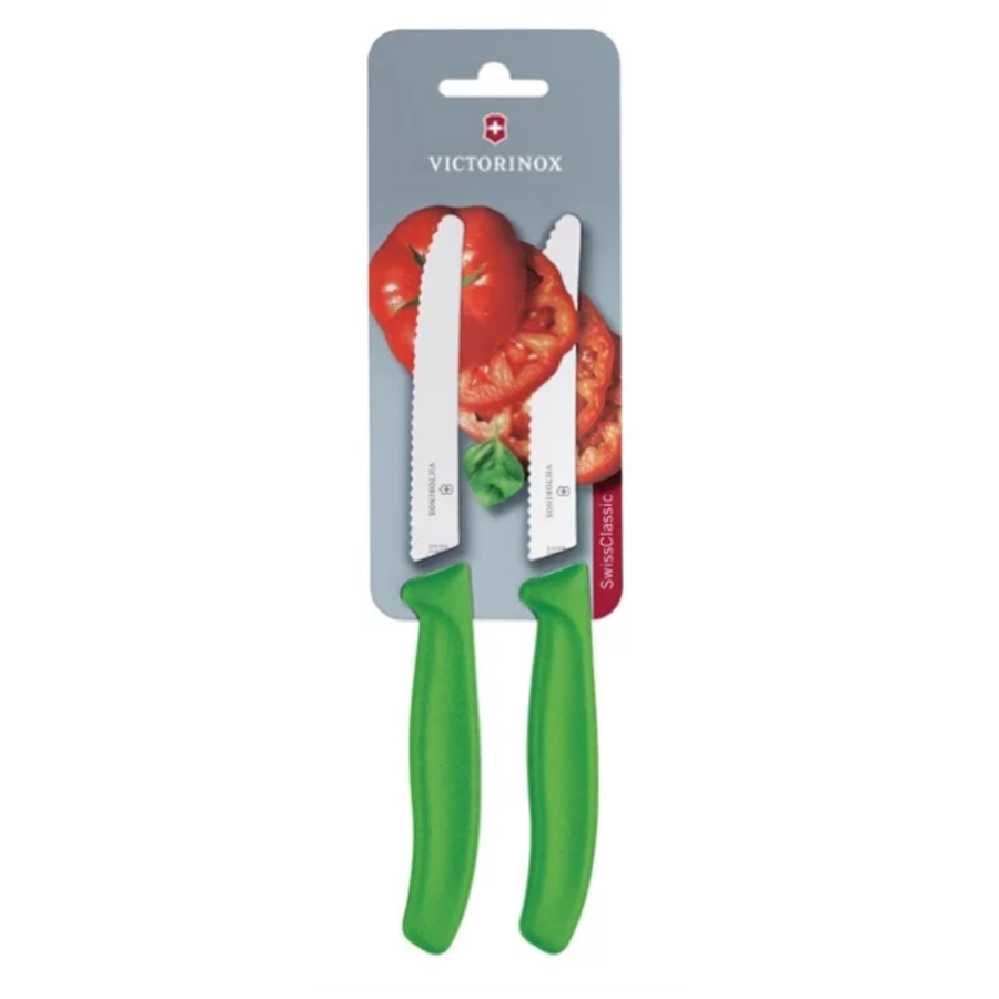 Tomaten-/Allzweckmesser mit Wellenschliff, 11 cm, Grün | 2 Stück | Edelstahl | 21,9 (l) cm