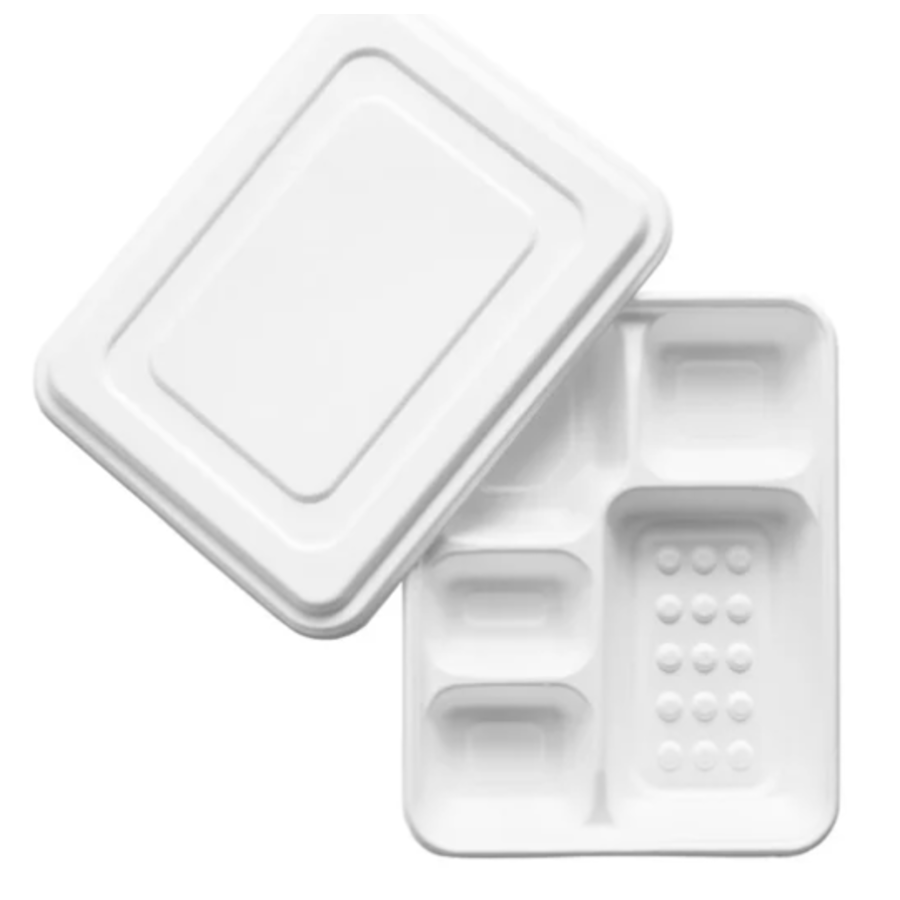 Bagasse Meal Tray with 5 Compartments and Lid | 200 Pieces | 21.8(d)cm