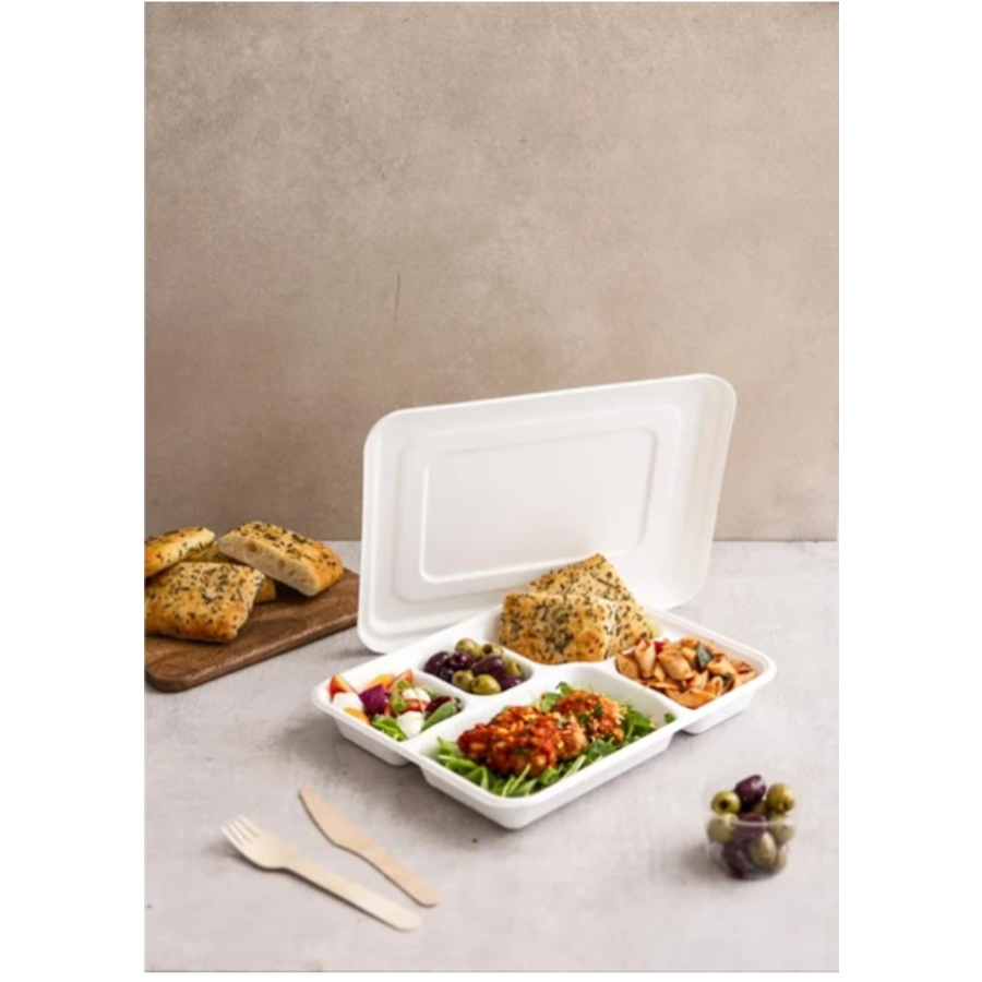 Bagasse Meal Tray with 5 Compartments and Lid | 200 Pieces | 21.8(d)cm