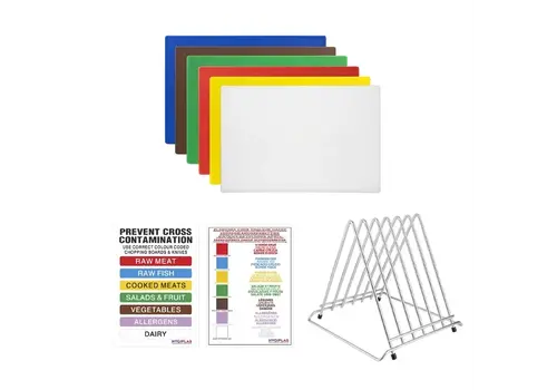  Hygiplas set of 6 HDPE cutting boards | rack and HACCP color code card | 12(h)x455(w)x305(d)mm 