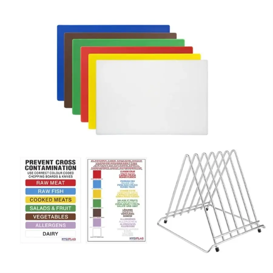 set of 6 HDPE cutting boards | rack and HACCP color code card | 12(h)x455(w)x305(d)mm