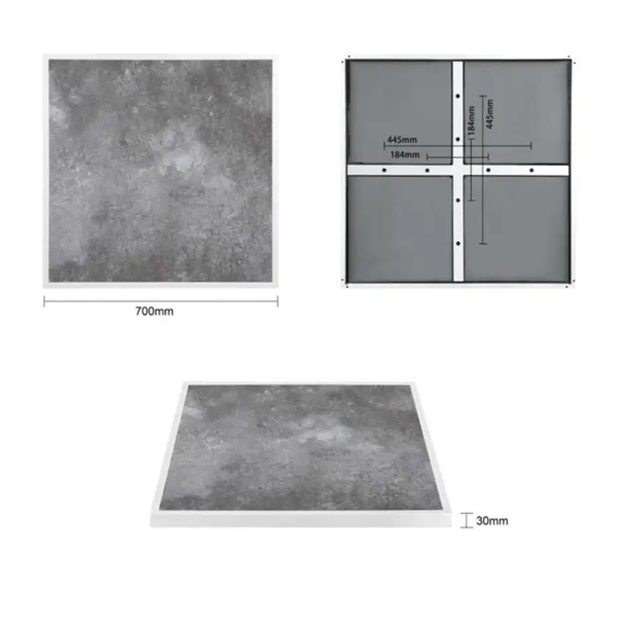plateau de table en verre trempé pour usage extérieur | effet pierre foncée |Bordure blanche | 700 mm