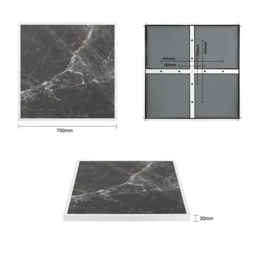 plateau de table en verre trempé | effet granit foncé | Bordure blanche | 700 mm