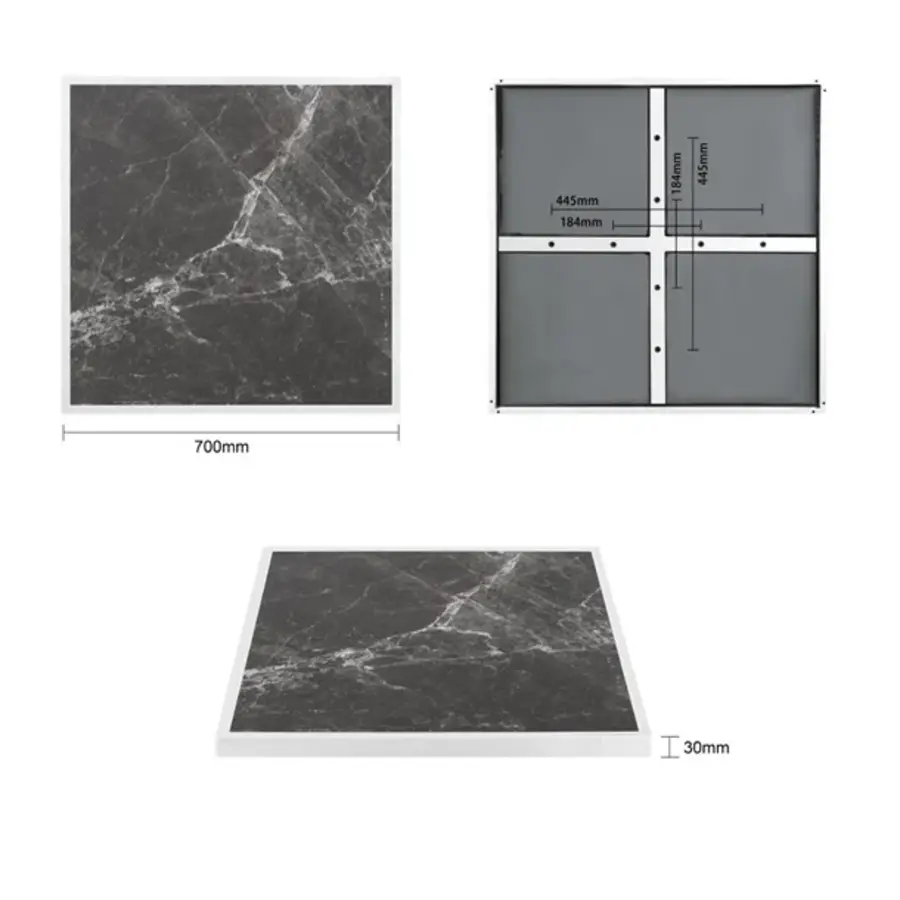 tafelblad van gehard glas | donker granieteffect | Witte rand | 700 mm