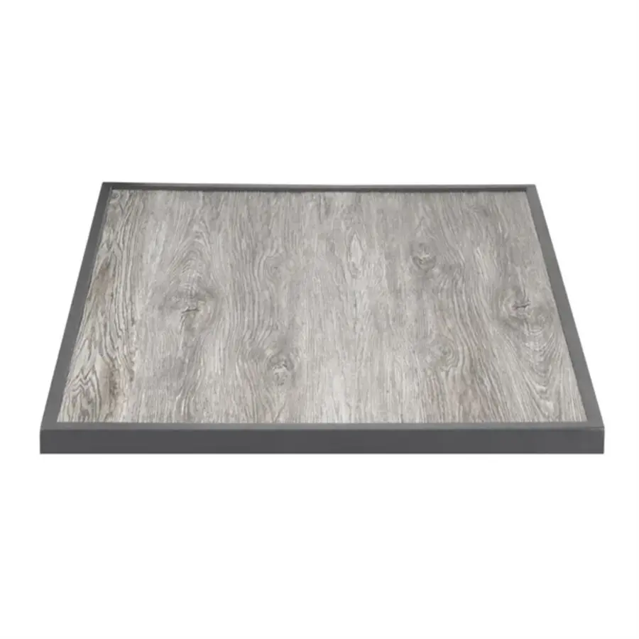 tafelblad van gehard glas met houtnerfeffect | Grijze rand | 700 mm