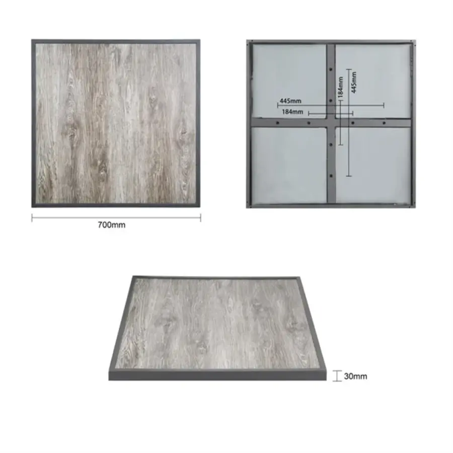 plateau de table en verre trempé effet grain de bois | Bordure grise | 700 mm