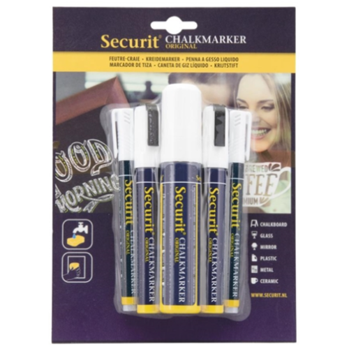  Securit 5 Original Chalk Marker, geciseleerde stift met blokpunt | Wit | Vloeibaar krijt 