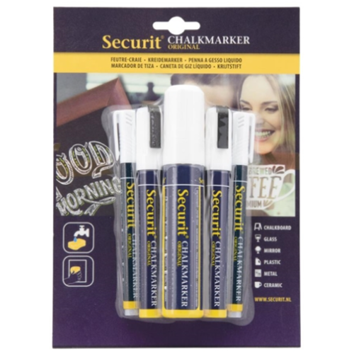  Securit 5 Original Chalk Marker, hammered marker with block point | White | Liquid chalk 