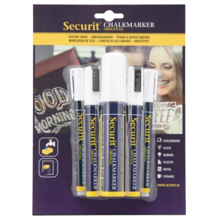 5 Original Chalk Marker, chiseled marker with block tip | White | Liquid chalk