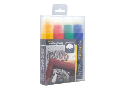  Securit Wasserfester Kreidemarker in Rot, Grün, Gelb, Blau mit 7-15 mm Spitze | 4 Stück | Glas + Tafel | 