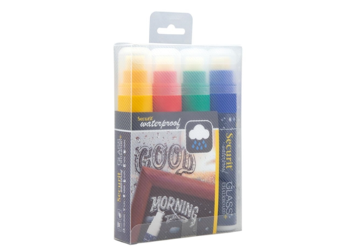  Securit Waterproof chalk marker in red, green, yellow, blue with 7-15 mm nib | 4 Pieces | Glass + Chalkboard | 