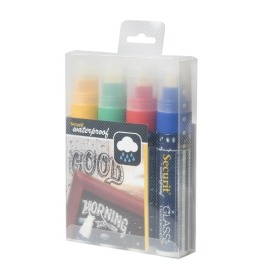 Marqueur à craie imperméable rouge, vert, jaune, bleu avec pointe de 7 à 15 mm | 4 pièces | Verre + Tableau noir |