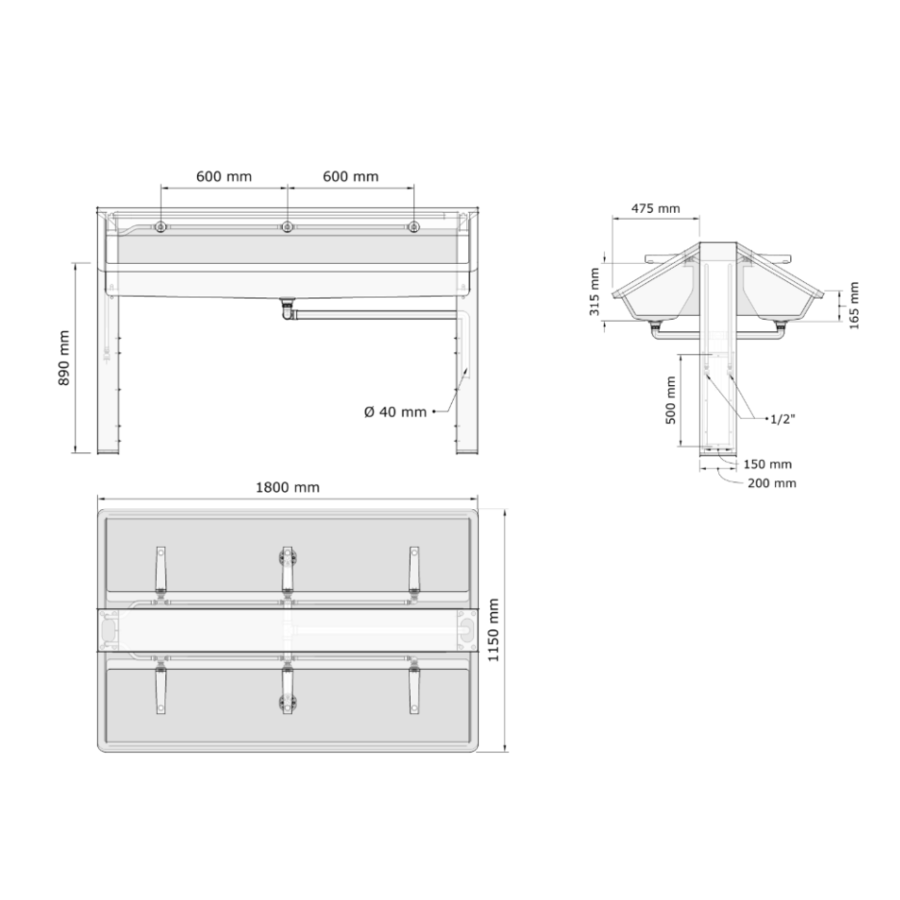 Stainless steel laundry island | 1820 (w) x 1150 (d) x 1200 (h) mm | 6 places