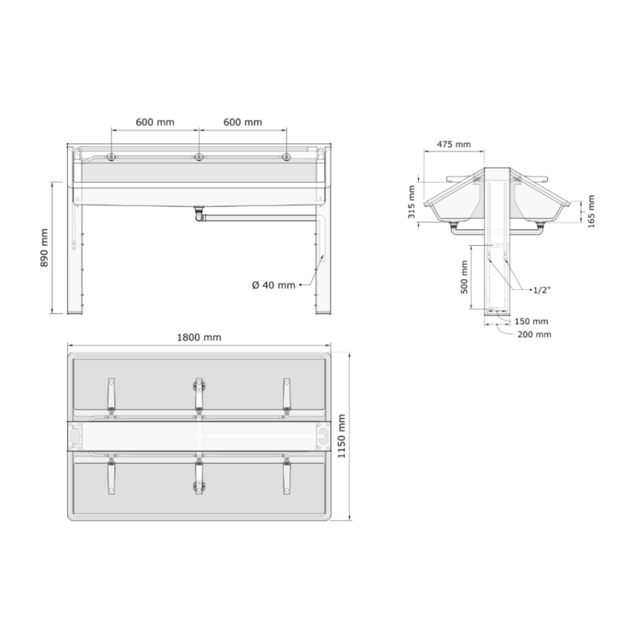 Waseiland van RVS | 1820 (b) x 1150 (d) x 1200 (h) mm | 6 plaatsen