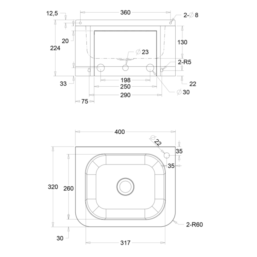 Lavabo mural en acier inoxydable | L400xP320xH 225 mm