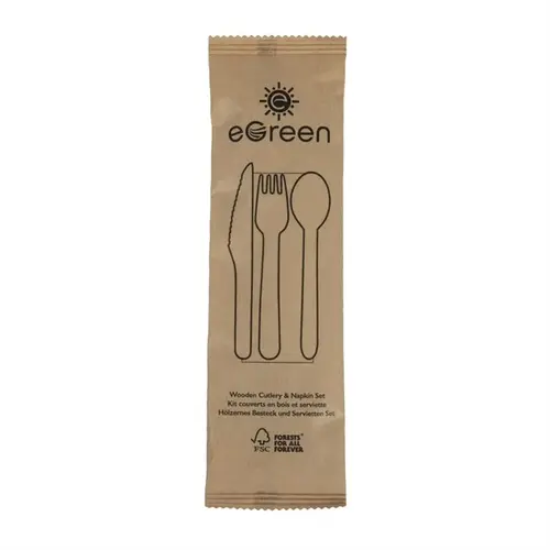  HorecaTraders eGreen individually packaged 4-in-1 wooden cutlery set | (250 pieces) 