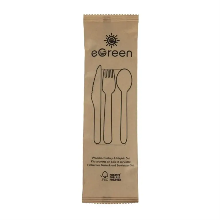 eGreen einzeln verpacktes 4-in-1-Besteckset aus Holz | (250 Stück)